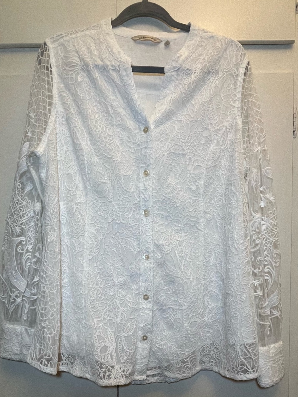 Soft Surroundings Sheer Lace Button-Down Top White Front Women’s Blo